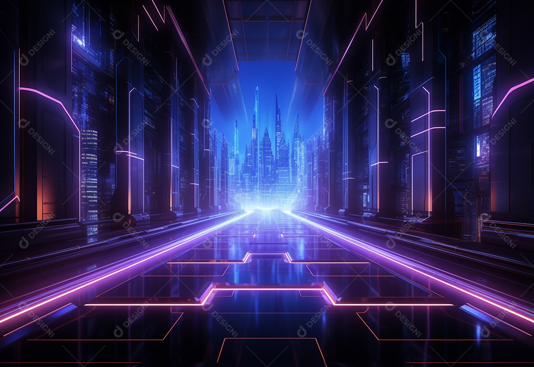 Cenário futurista iluminado por néon realista