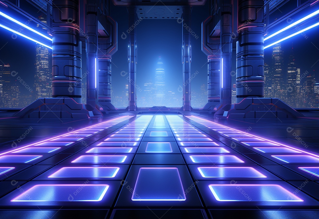 Cenário futurista iluminado por néon realista