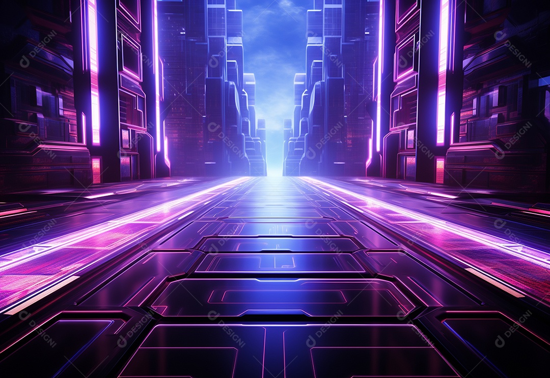 Cenário futurista iluminado por néon realista