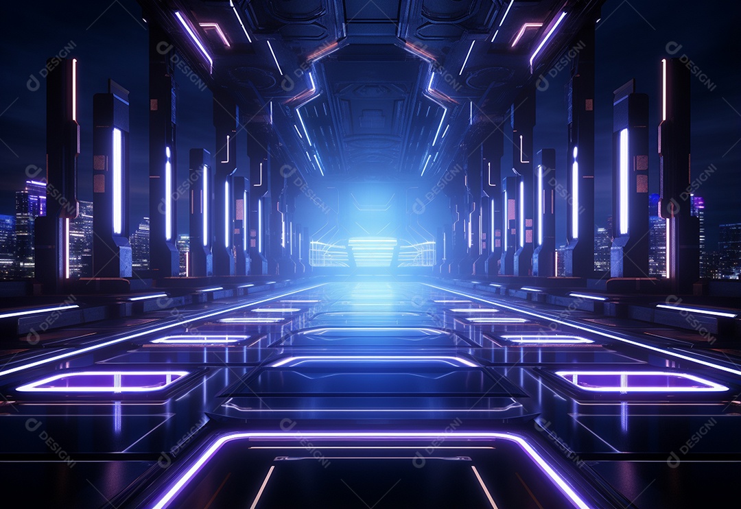 Cenário futurista iluminado por néon realista
