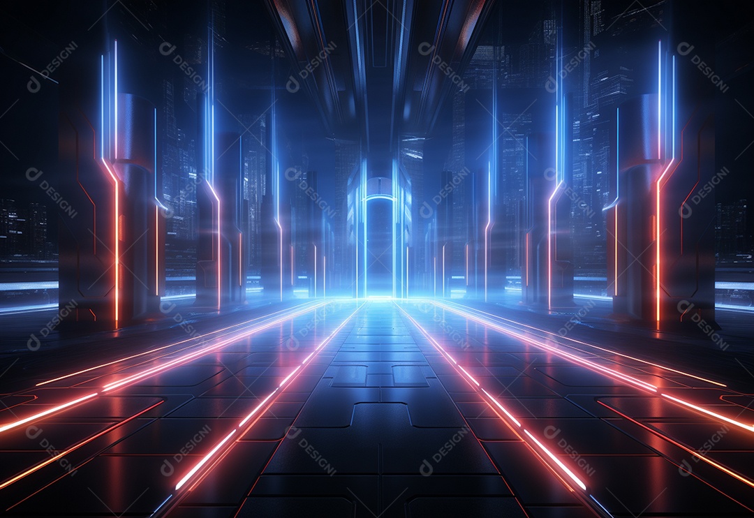 Cenário futurista iluminado por néon realista