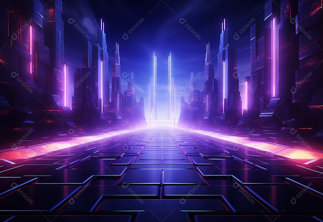 Cenário futurista iluminado por néon realista