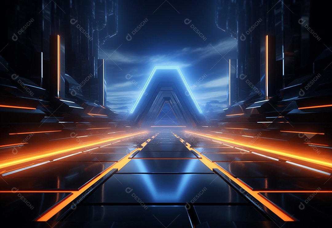 Cenário futurista iluminado por néon realista