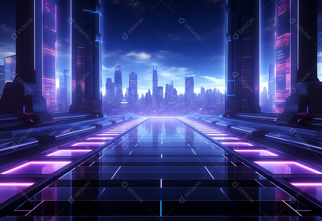 Cenário futurista iluminado por néon realista