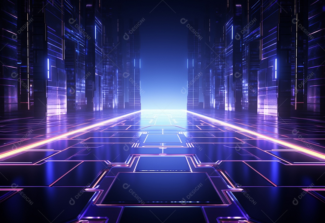 Cenário futurista iluminado por néon realista