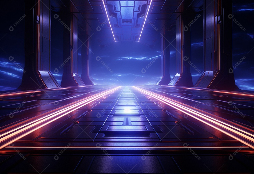 Cenário futurista iluminado por néon realista