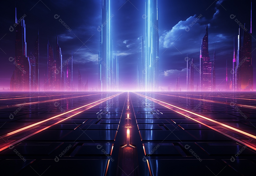 Cenário futurista iluminado por néon realista