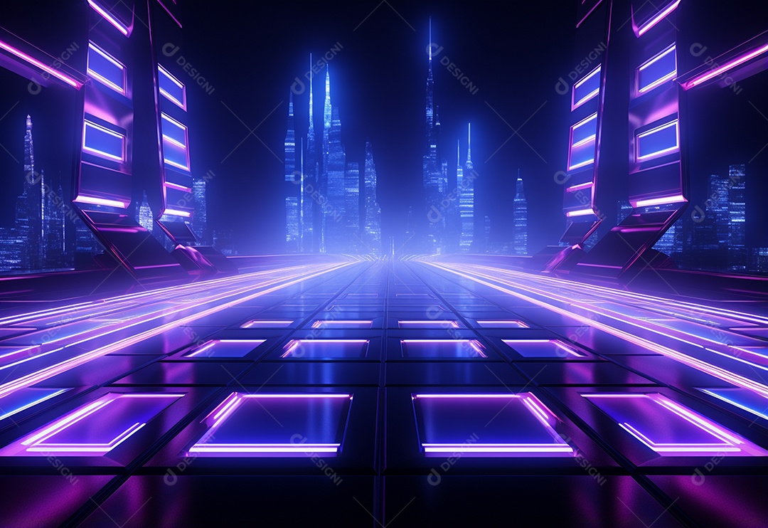 Cenário futurista iluminado por néon realista