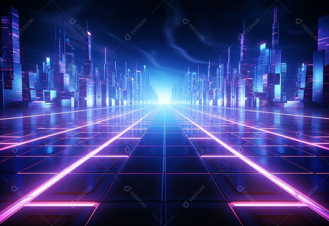 Cenário futurista iluminado por néon realista