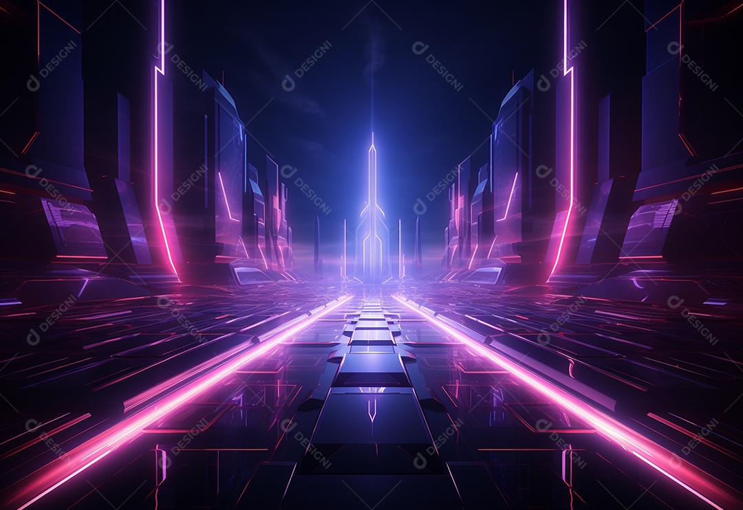 Cenário futurista iluminado por néon realista