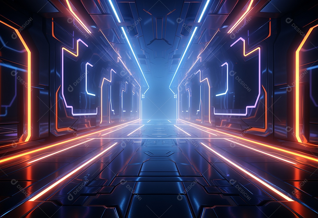 Cenário futurista iluminado por néon realista