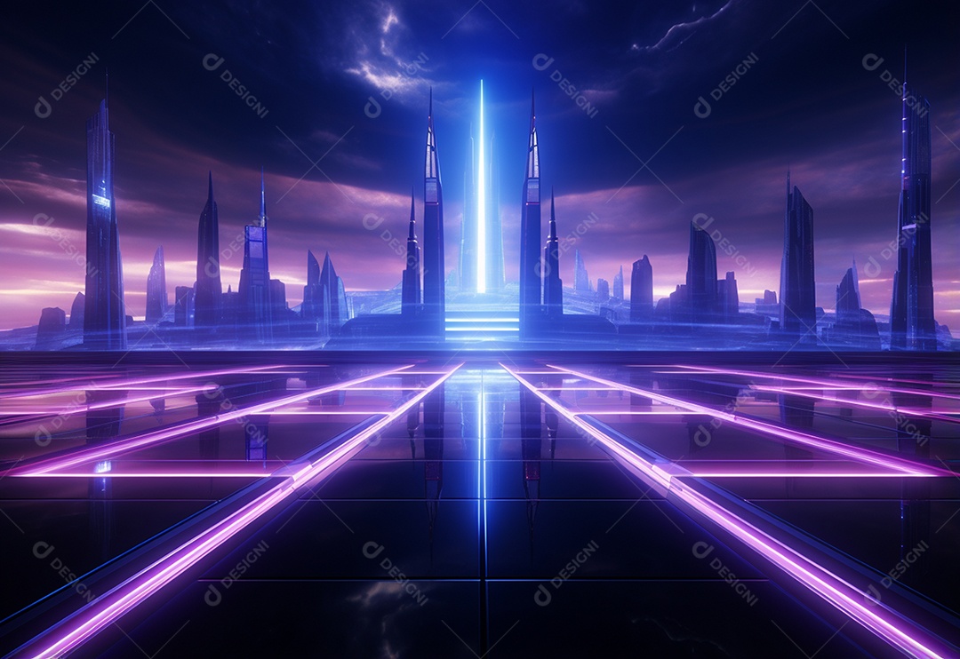 Cenário futurista iluminado por néon realista