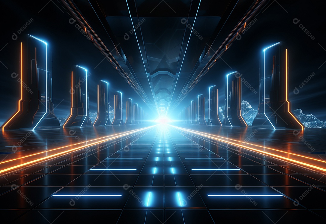 Cenário futurista iluminado por néon realista