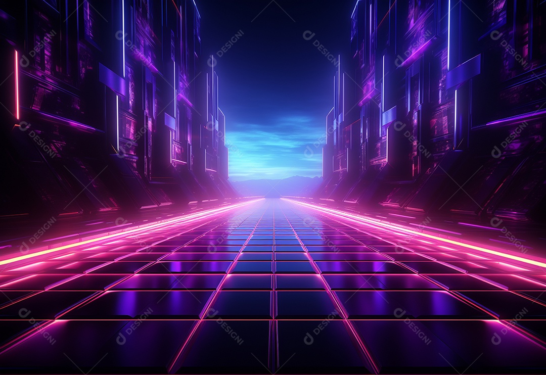 Cenário futurista iluminado por néon realista