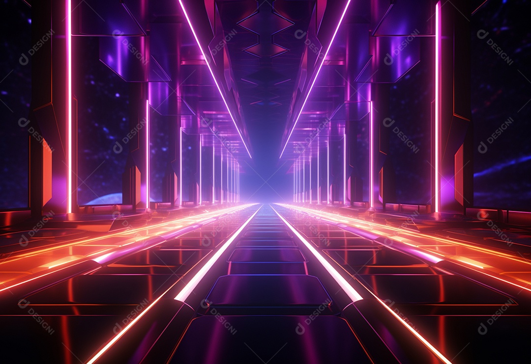 Cenário futurista iluminado por néon realista