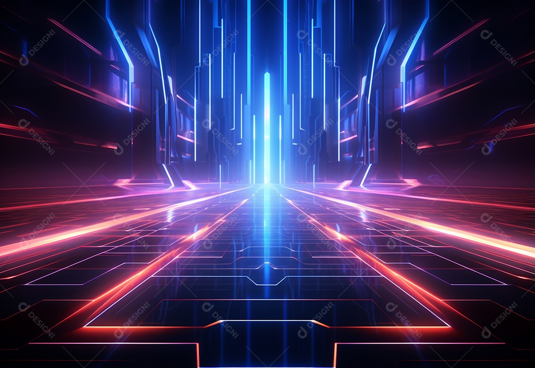 Cenário futurista iluminado por néon realista