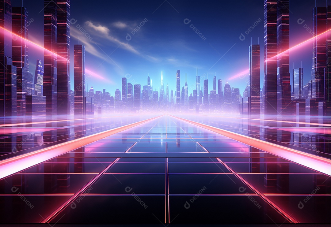 Cenário futurista iluminado por néon realista