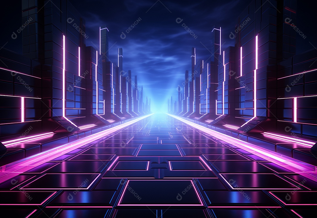 Cenário futurista iluminado por néon realista