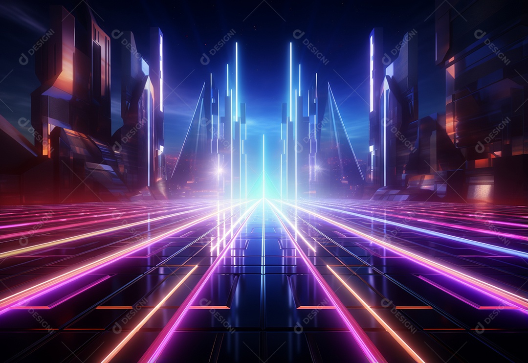 Cenário futurista iluminado por néon realista