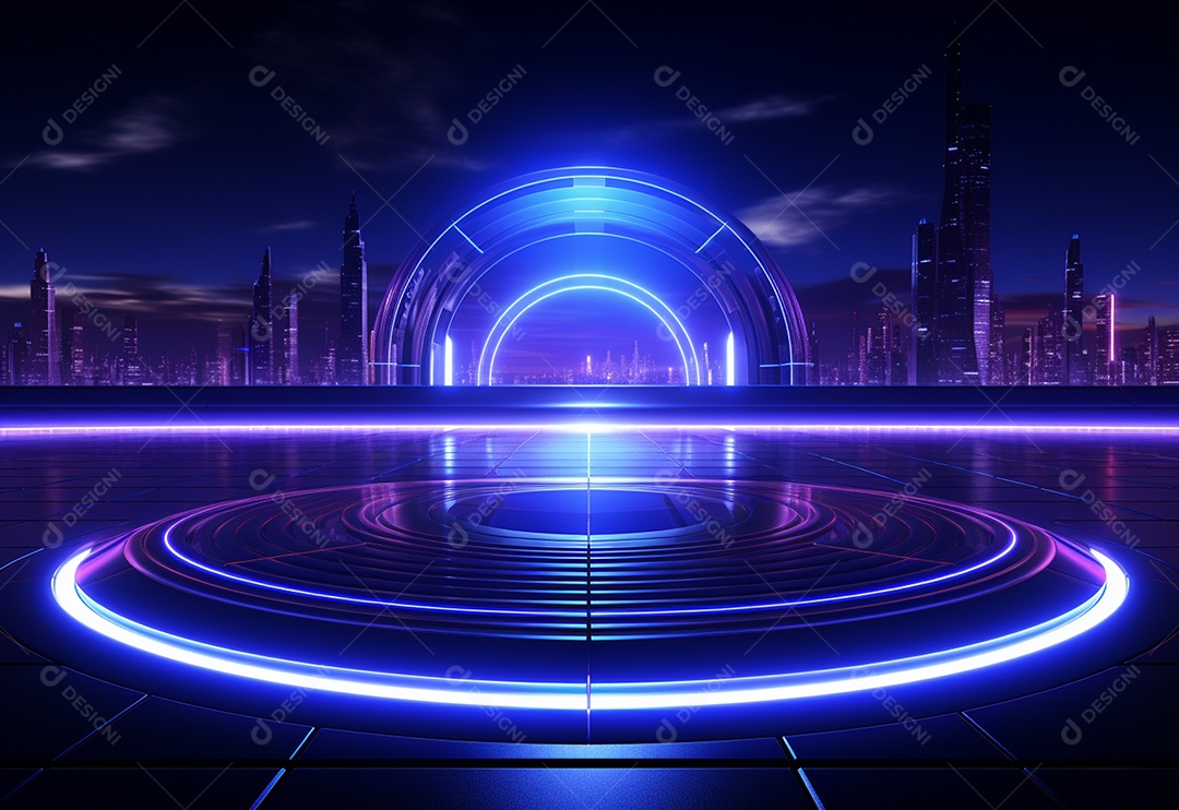 Cenário futurista iluminado por néon realista