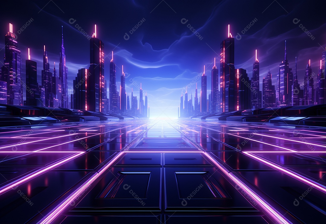 Cenário futurista iluminado por néon realista