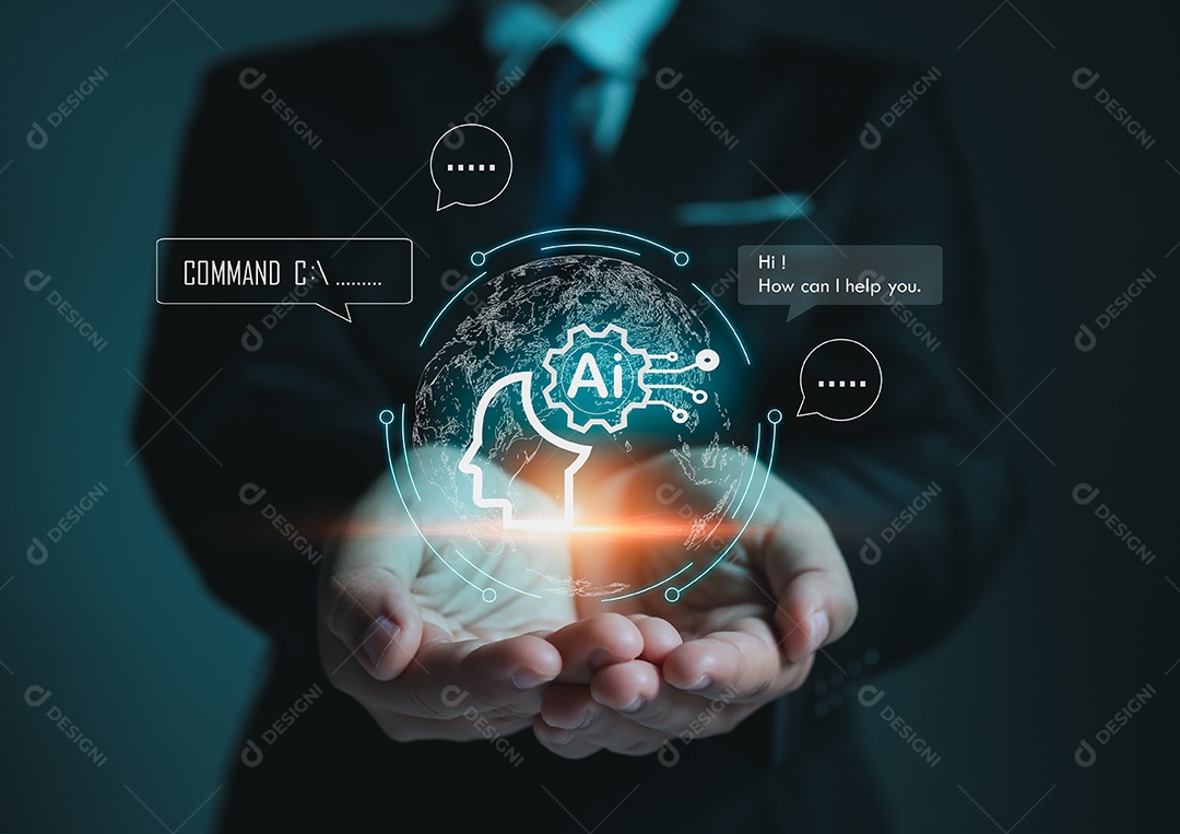 Homem de negócios segurando cérebro de IA, Simbólico, Aprendizado de Máquina