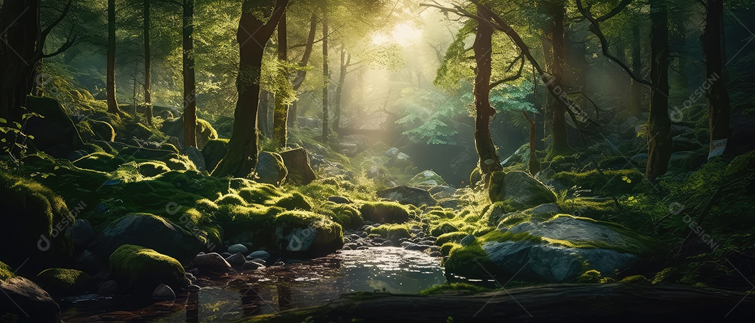 Linda floresta encantada de conto de fadas, cenário mágico de fantasia com grandes árvores e vegetação