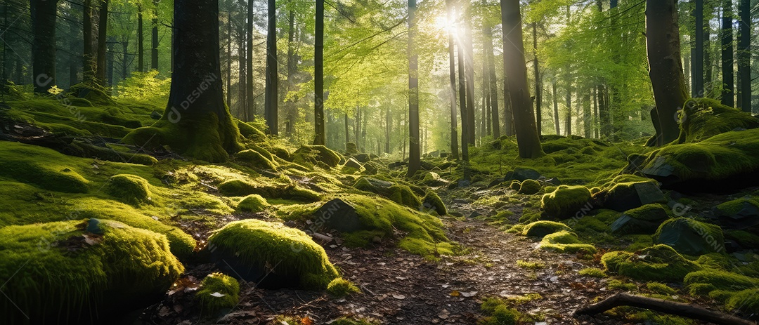 Linda floresta encantada de conto de fadas, cenário mágico de fantasia com grandes árvores e vegetação