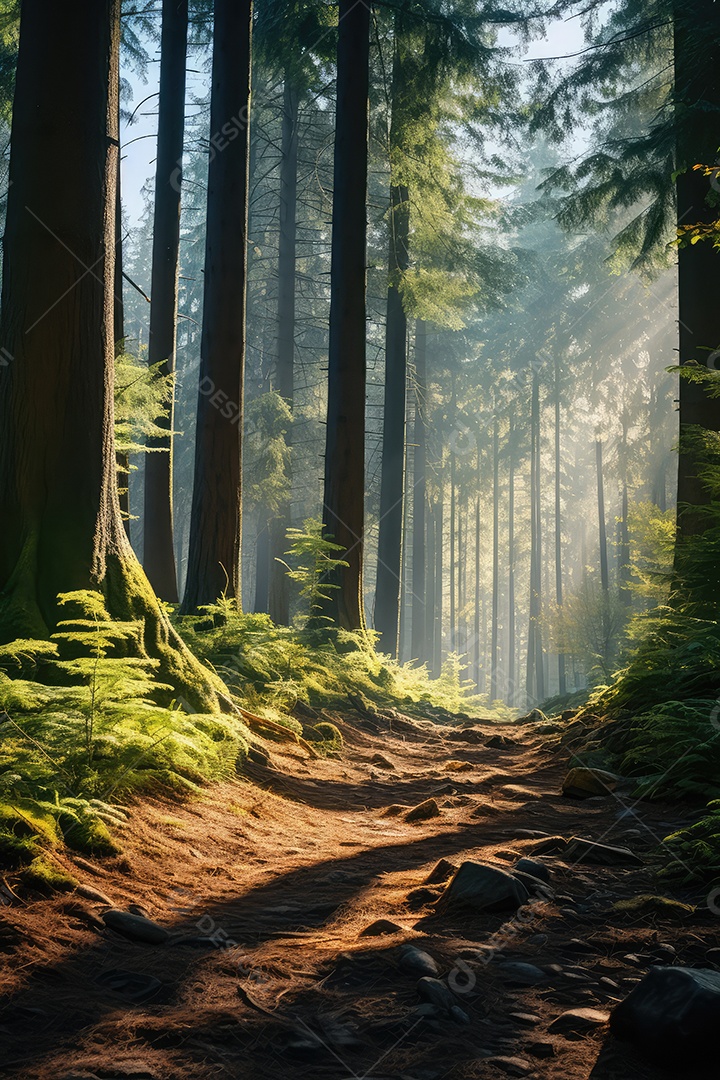Linda floresta encantada de conto de fadas, cenário mágico de fantasia com grandes árvores e vegetação