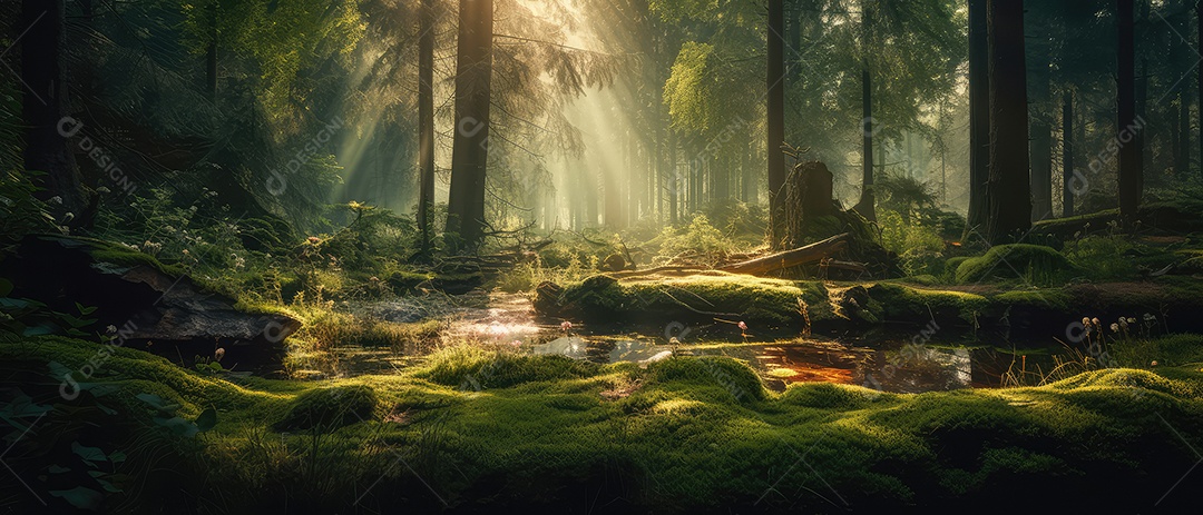 Linda floresta encantada de conto de fadas, cenário mágico de fantasia com grandes árvores e vegetação