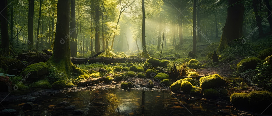Linda floresta encantada de conto de fadas, cenário mágico de fantasia com grandes árvores e vegetação