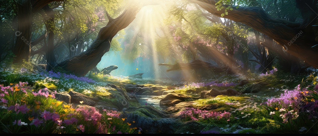 Linda floresta encantada de conto de fadas, cenário mágico de fantasia com grandes árvores e vegetação