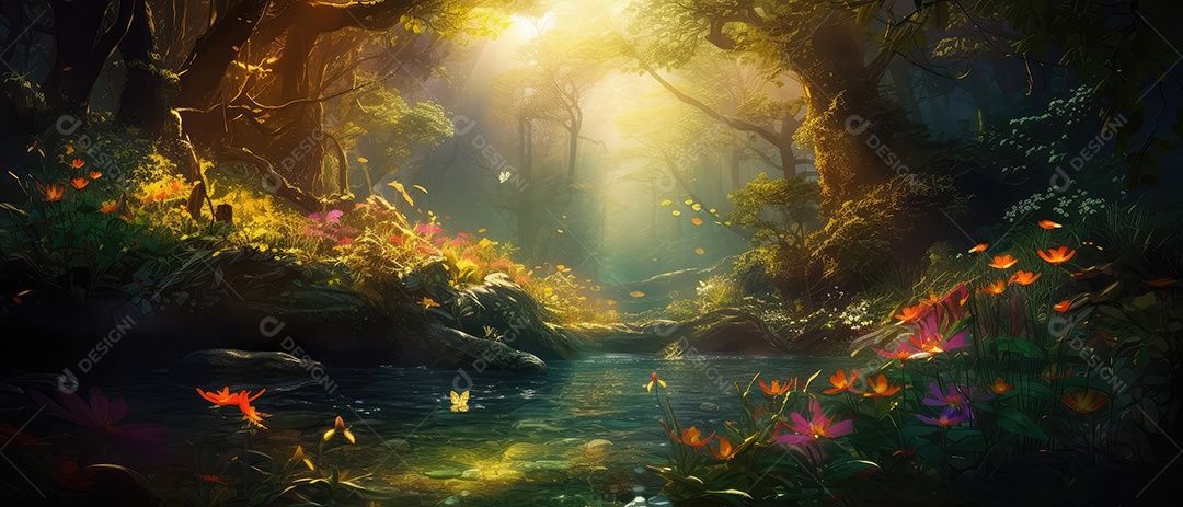 Linda floresta encantada de conto de fadas, cenário mágico de fantasia com grandes árvores e vegetação