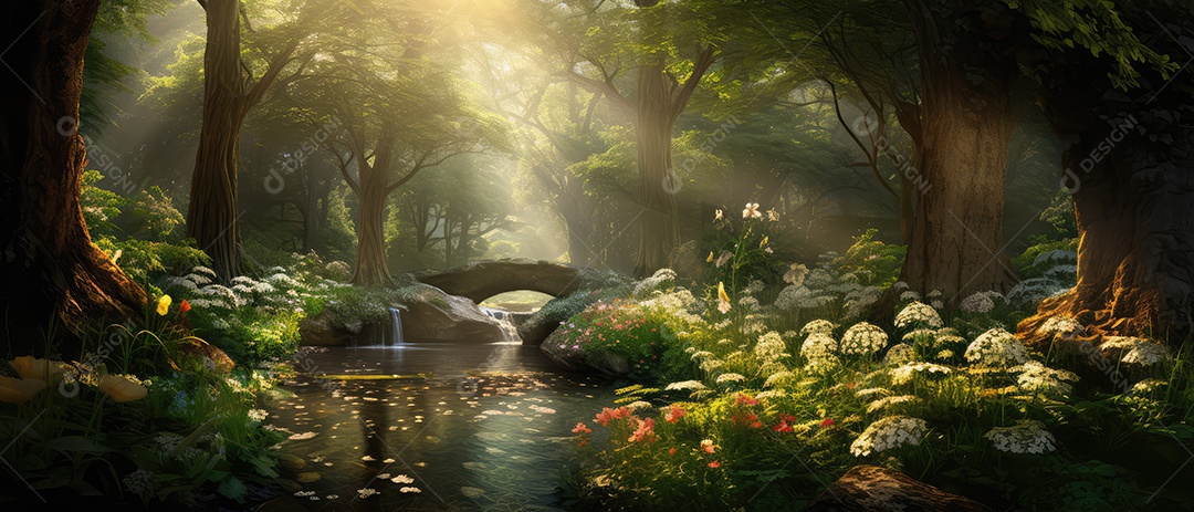 Linda floresta encantada de conto de fadas, cenário mágico de fantasia com grandes árvores e vegetação
