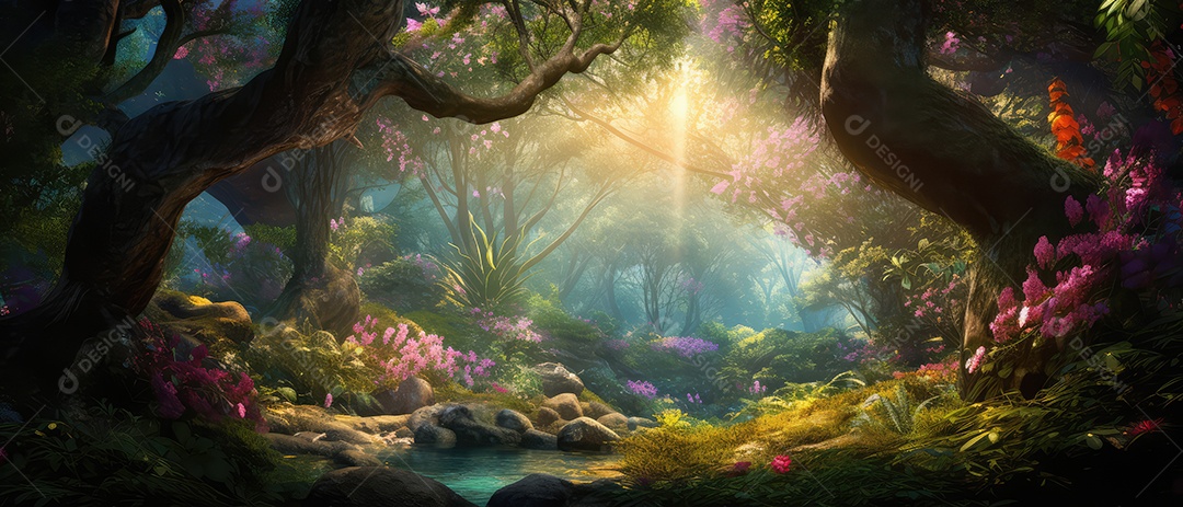 Linda floresta encantada de conto de fadas, cenário mágico de fantasia com grandes árvores e vegetação