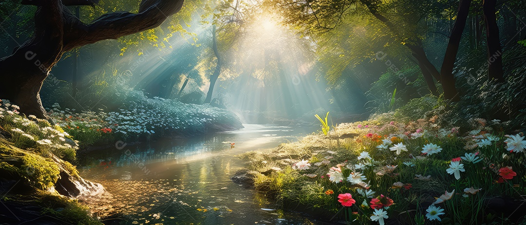 Linda floresta encantada de conto de fadas, cenário mágico de fantasia com grandes árvores e vegetação