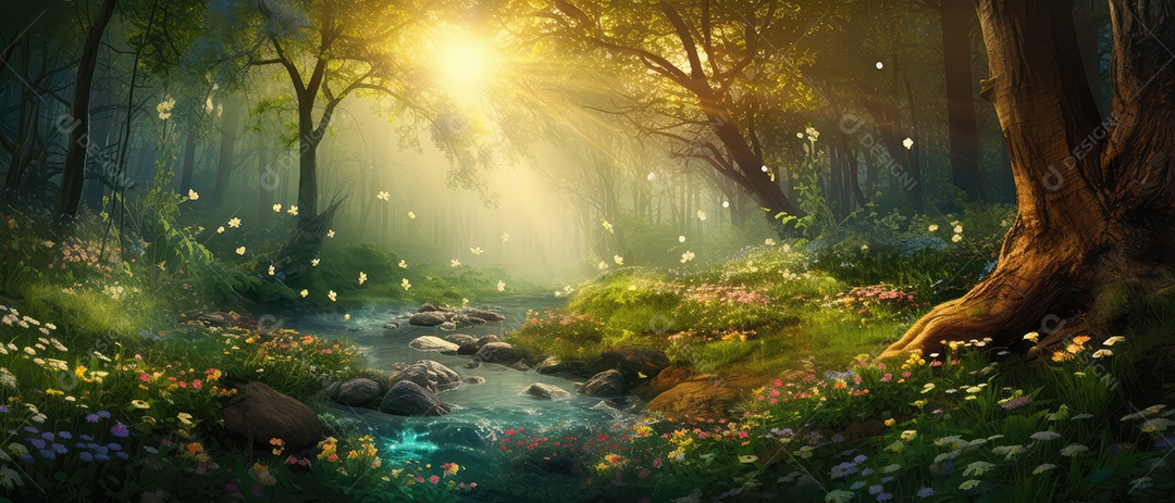 Linda floresta encantada de conto de fadas, cenário mágico de fantasia com grandes árvores e vegetação