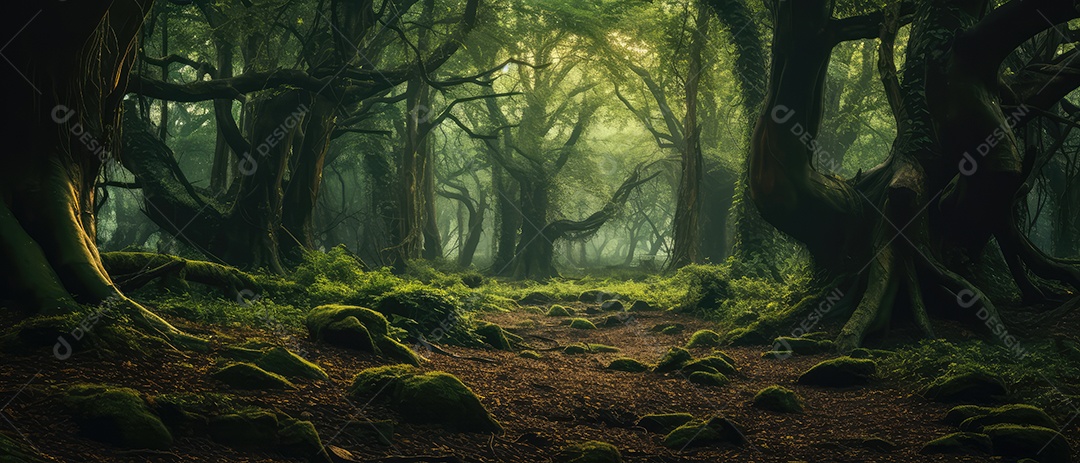 Linda floresta encantada de conto de fadas, cenário mágico de fantasia com grandes árvores e vegetação