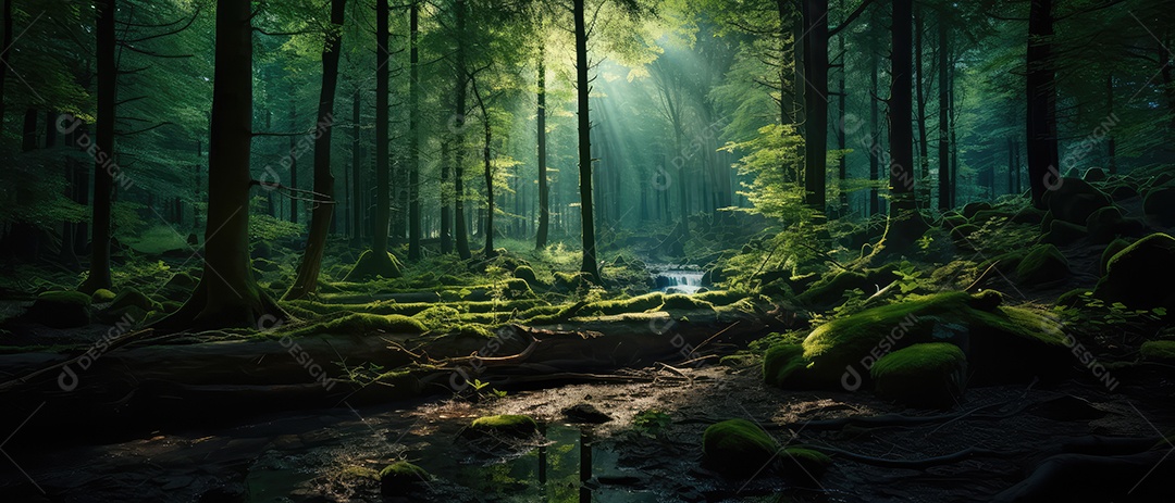 Linda floresta encantada de conto de fadas, cenário mágico de fantasia com grandes árvores e vegetação