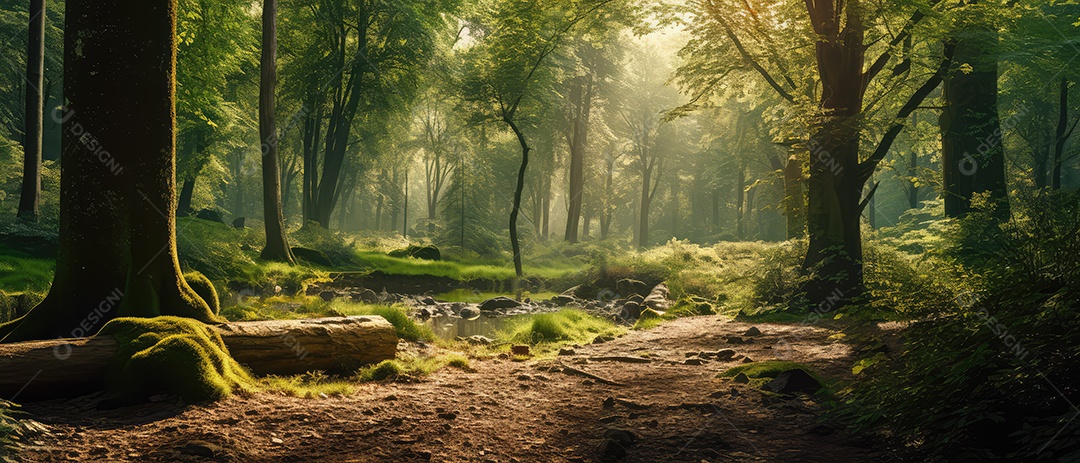 Linda floresta encantada de conto de fadas, cenário mágico de fantasia com grandes árvores e vegetação