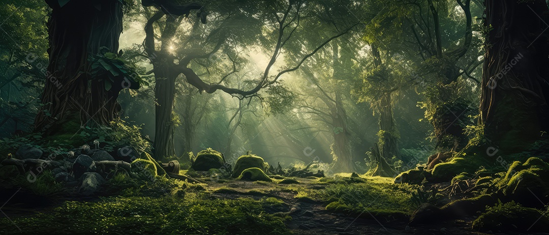Linda floresta encantada de conto de fadas, cenário mágico de fantasia com grandes árvores e vegetação