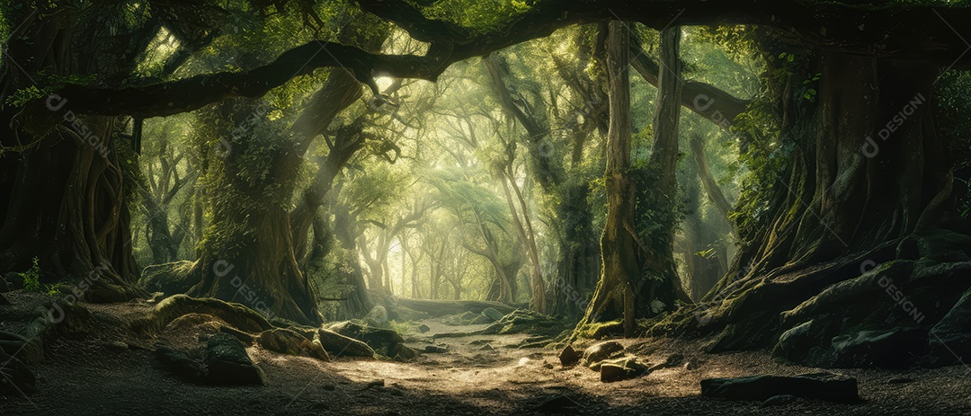 Linda floresta encantada de conto de fadas, cenário mágico de fantasia com grandes árvores e vegetação