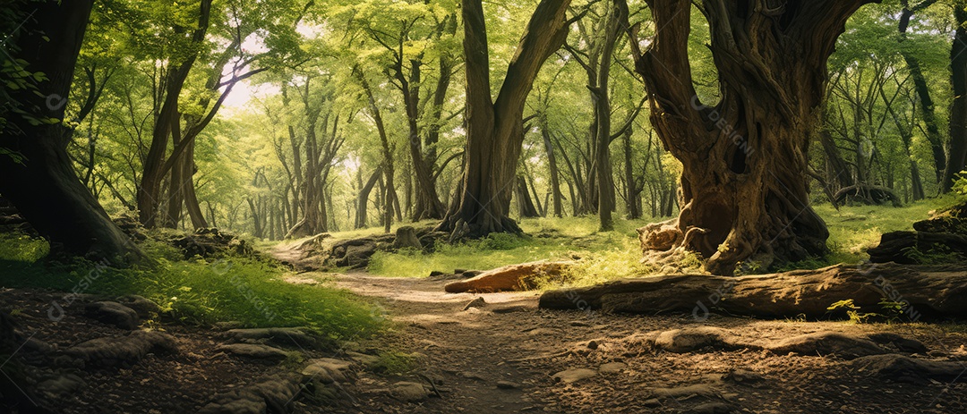 Linda floresta encantada de conto de fadas, cenário mágico de fantasia com grandes árvores e vegetação
