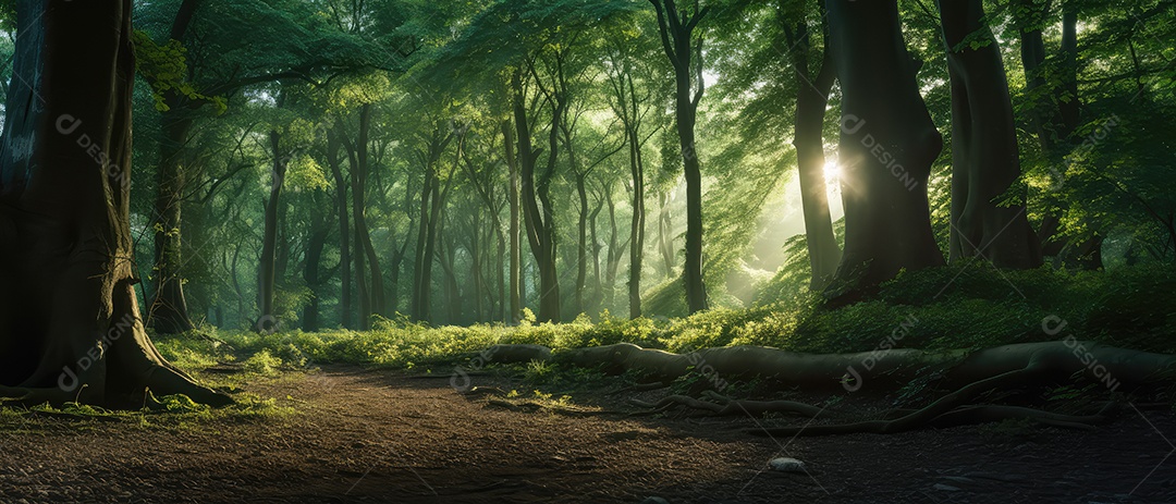 Linda floresta encantada de conto de fadas, cenário mágico de fantasia com grandes árvores e vegetação