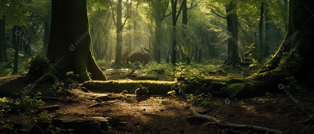 Linda floresta encantada de conto de fadas, cenário mágico de fantasia com grandes árvores e vegetação