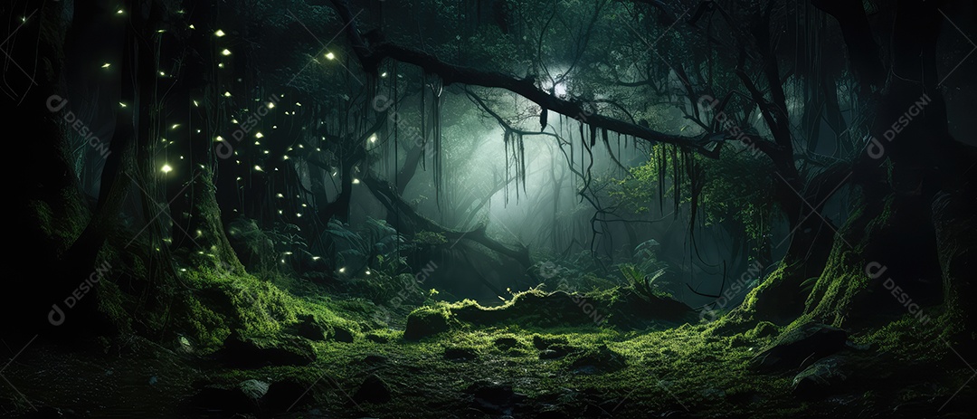 Linda floresta encantada de conto de fadas, cenário mágico de fantasia com grandes árvores e vegetação