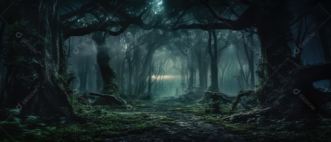 Linda floresta encantada de conto de fadas, cenário mágico de fantasia com grandes árvores e vegetação