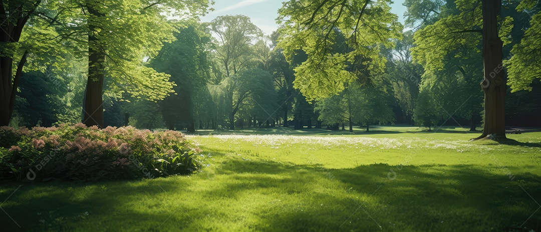 Linda floresta encantada de conto de fadas, cenário mágico de fantasia com grandes árvores e vegetação