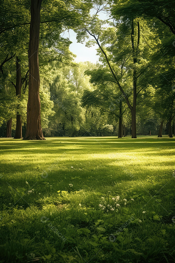 Linda floresta encantada de conto de fadas, cenário mágico de fantasia com grandes árvores e vegetação
