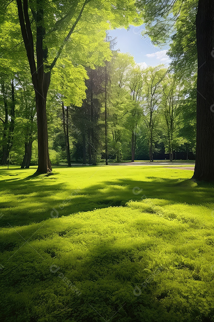 Linda floresta encantada de conto de fadas, cenário mágico de fantasia com grandes árvores e vegetação